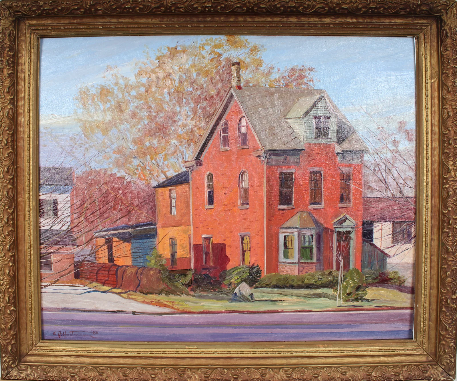 "Burlington House" Vintage American Regional Vermont Landscape Signed Framed Oil Painting