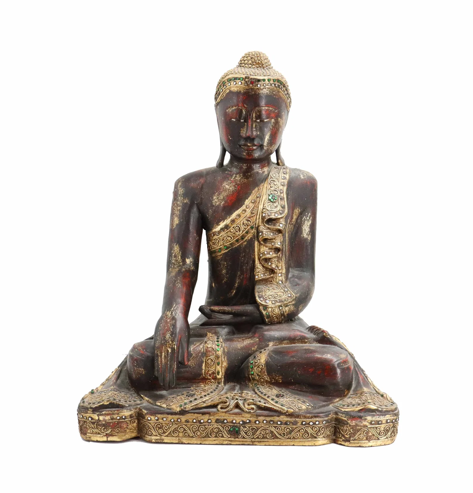 Burmese Mandalay Carved Wood Parcel Gilt Earth Touching Buddha