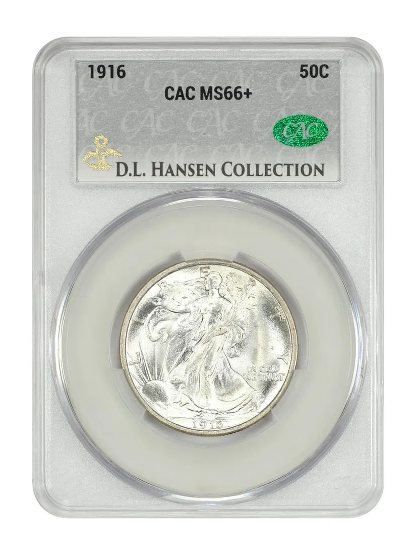 CACG MS66+ 1916 Walking Liberty Half Dollar ex D.L. Hansen