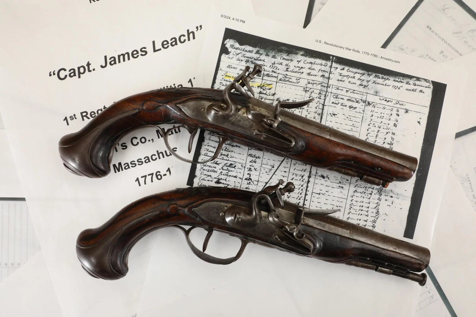 Captain James Leach Inscribed Revolutionary War Pair .50 Caliber Flintlock Pistols, Antique