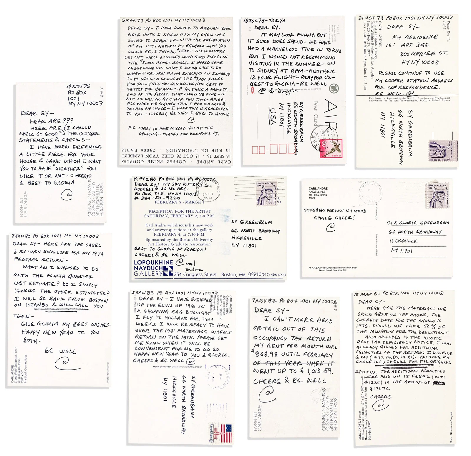 Carl Andre. Group of 10 Autograph Notes Signed, "@" or "@ / carl andre" or "@ & Argile[?]," to