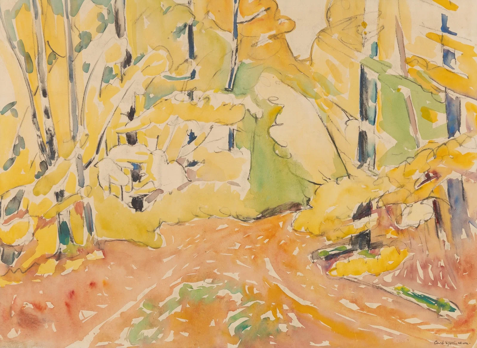 Carl Sprinchorn (Am. 1887-1971), Autumn Walk, Watercolor on paper, framed under glass