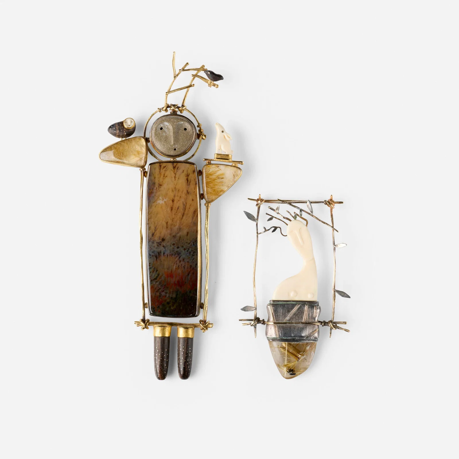 Carolyn Morris Bach, Woodland Shaman brooch; Woodland Goddess brooch (two works)