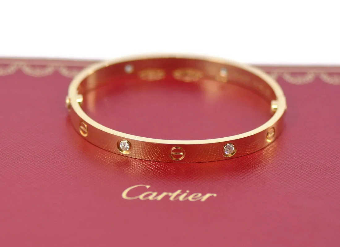 Cartier 4 Diamond 18K Yellow Gold Love Bangle Bracelet Size 17 Authentic