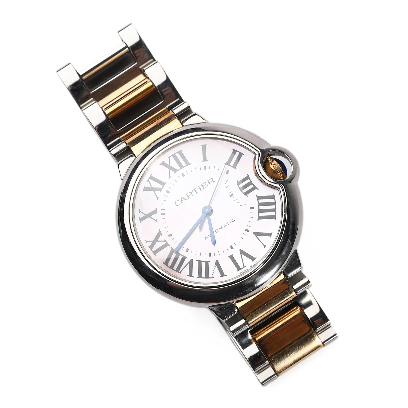 CARTIER BALLON BLEU AUTOMATIC LADY'S WATCH, TWO-TONE STEEL AND 18K YELLOW GOLD, MOTHER-OF-PEARL DIAL