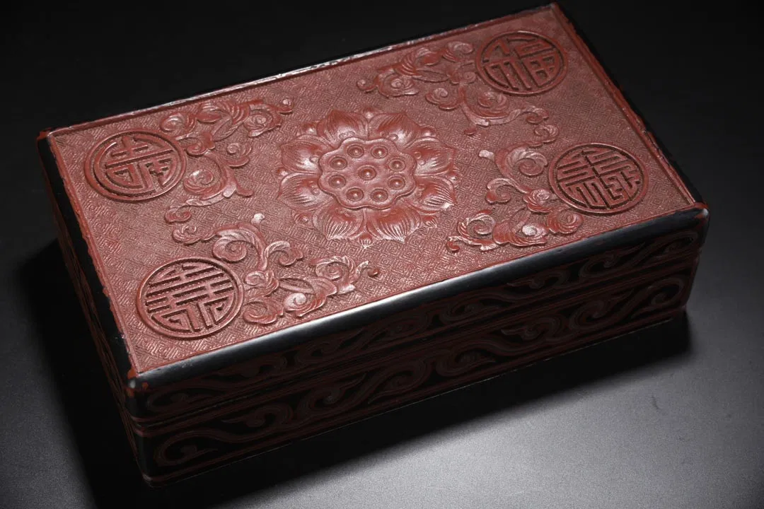Carved and inlaid lacquer box with auspicious symbols of fortune, prosperity, longevity, and