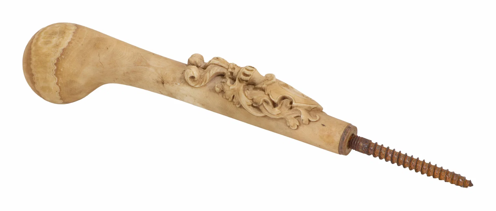 Carved Armorial Cane Handle, 19th c., H.- 8 in., W.- 1 1/2 in., D.- 1 3/4 in.