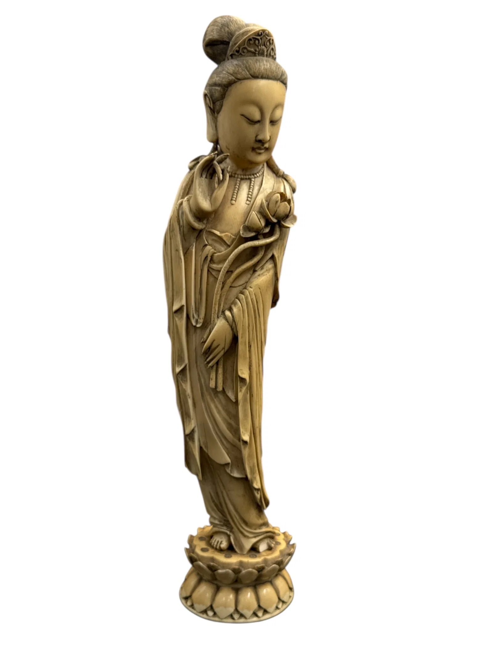 Carved Asian Figural Sculpture of Guanyin on Lotus Base