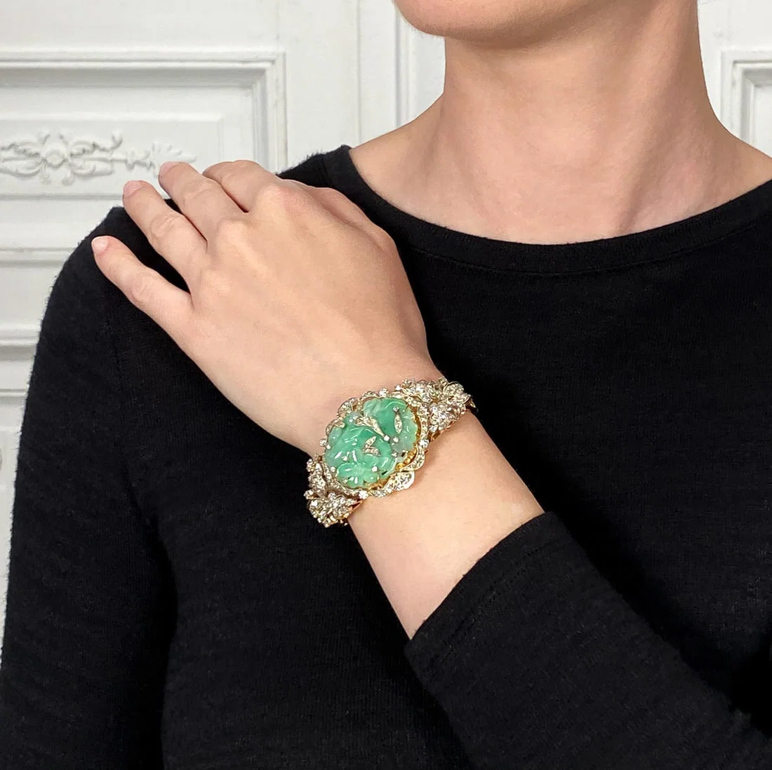 Carved Jade And Diamond 18k Gold Bracelet