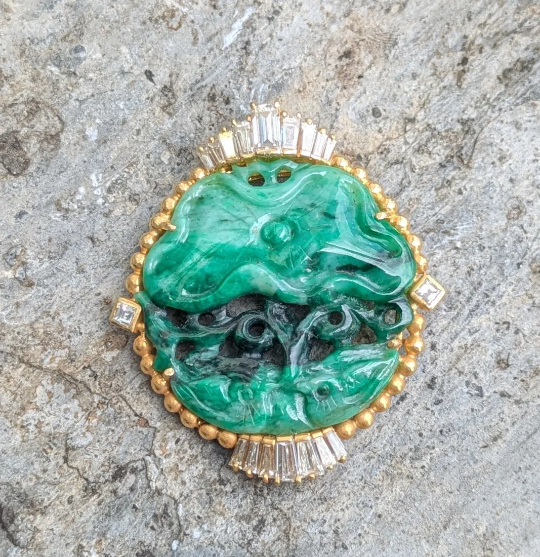 Carved Jade Brooch with Diamonds