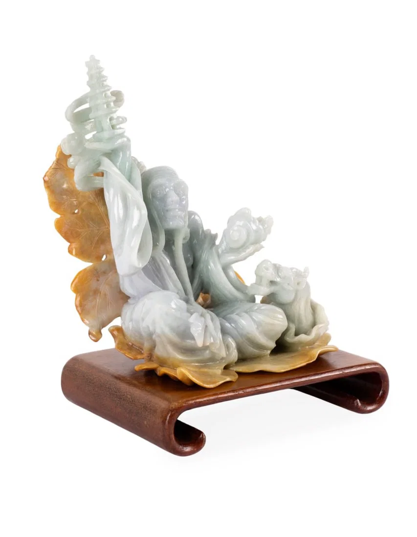 CARVED JADEITE FIGURE OF A WISE MAN WITH DRAGON