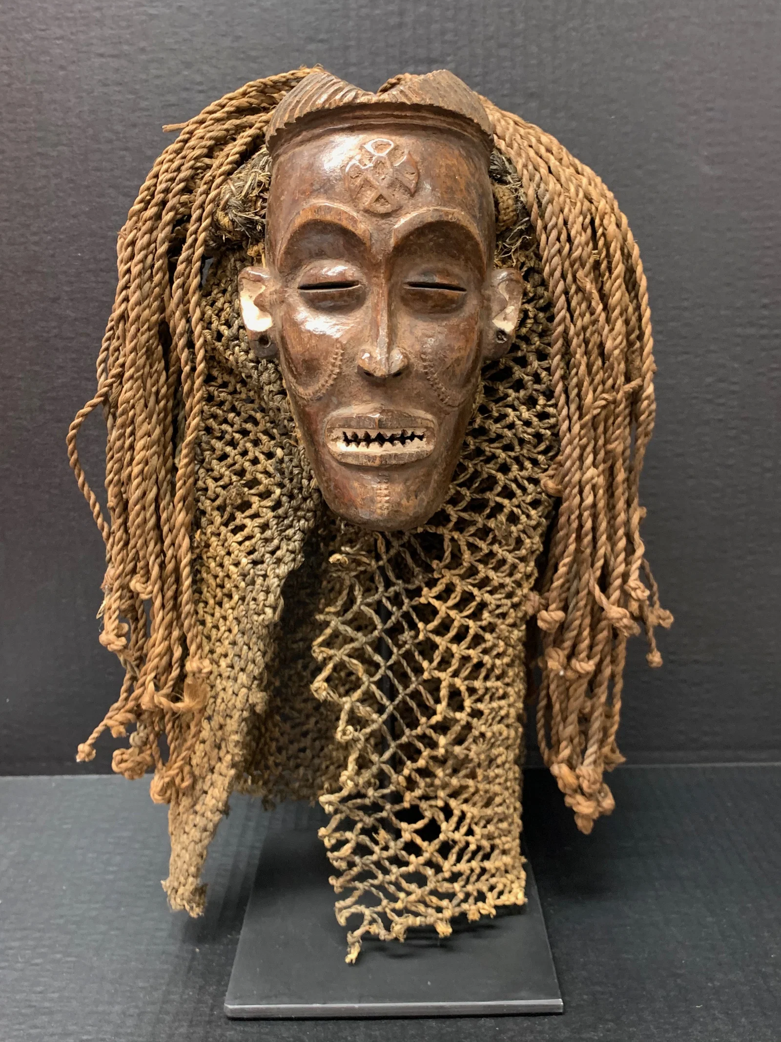 Carved Wood Chokwe Mask with Display Stand