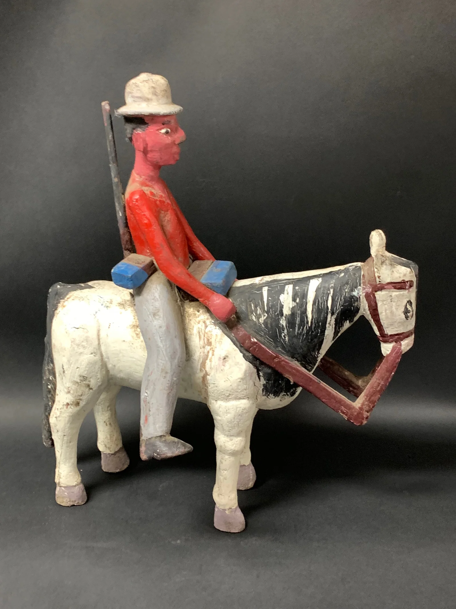 Carved Wood Colonial Horse with Rider Statue