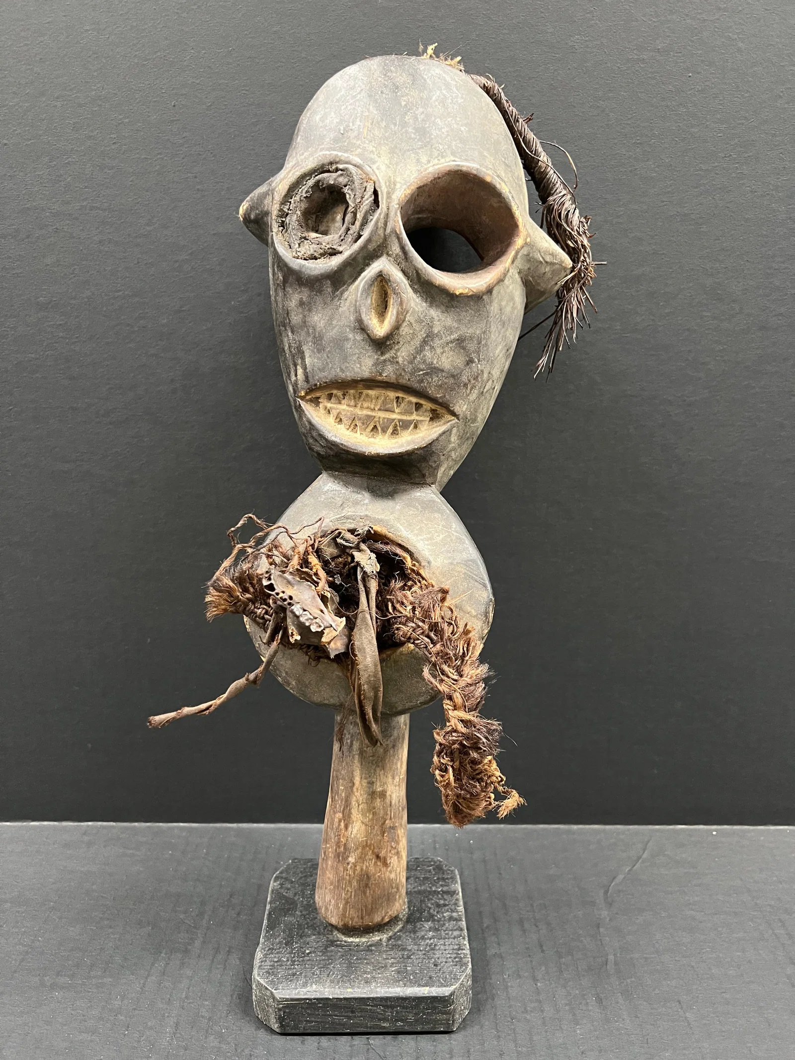 Carved Wood Fang Head Statue with Display Stand