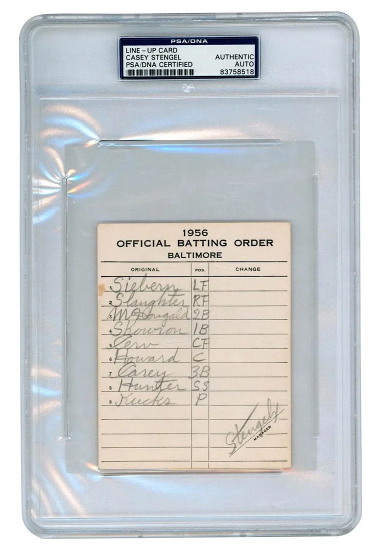 Casey Stengel Signed 1956 Yankees Game Used Lineup Card PSA