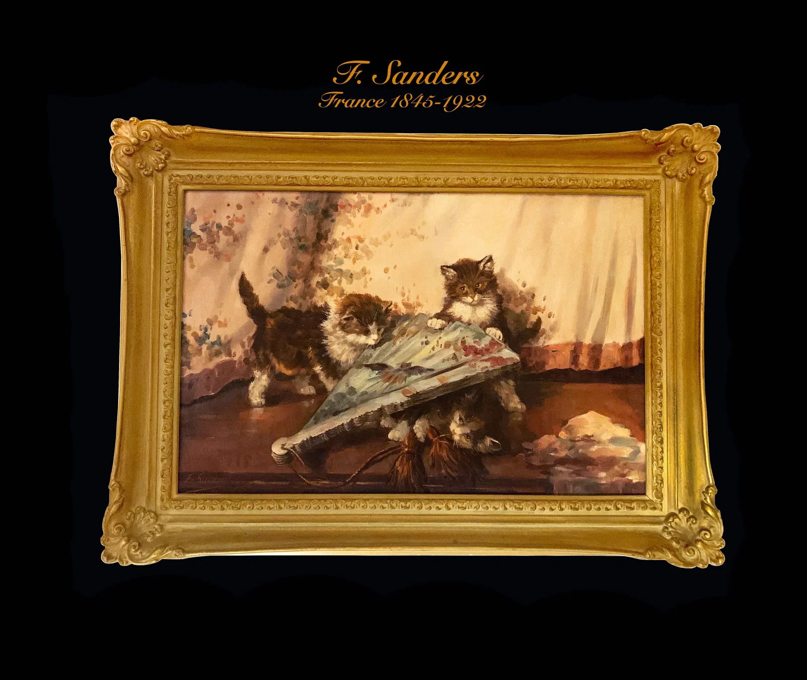 Cats Playing , Oil on Canvas By F. Sanders, 19th C.