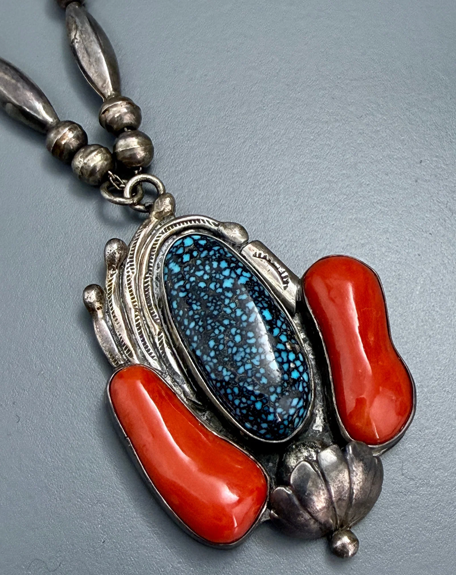 Cecil Sanders Lander Blue Turquoise Red Coral Old Pawn Navajo Pendant Necklace