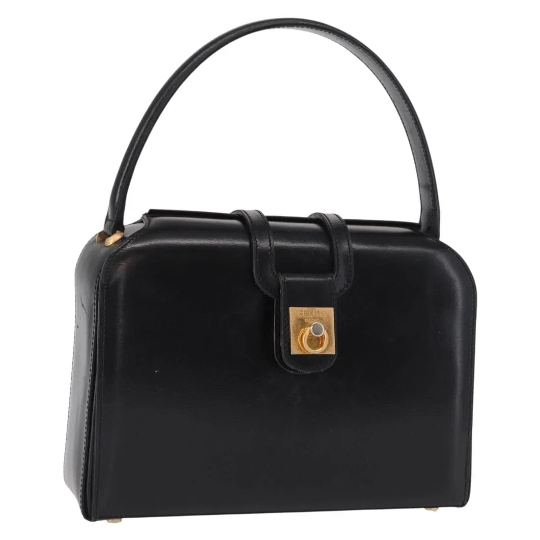 CELINE Black Leather Hand Bag with Gold Accents Authentic
