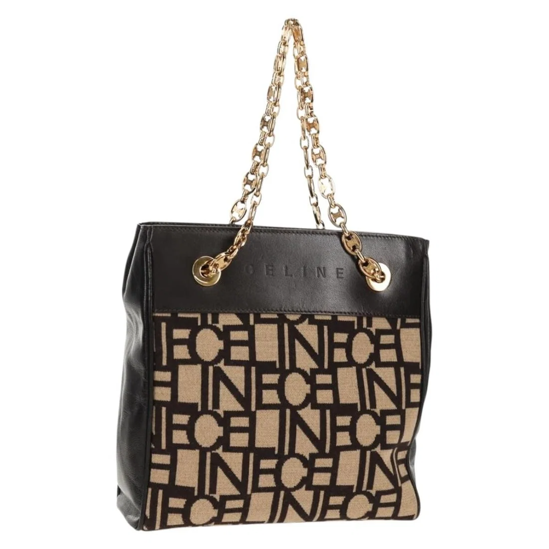 CELINE Brown Gold Canvas Blazon Chain Shoulder Bag Italy Auth