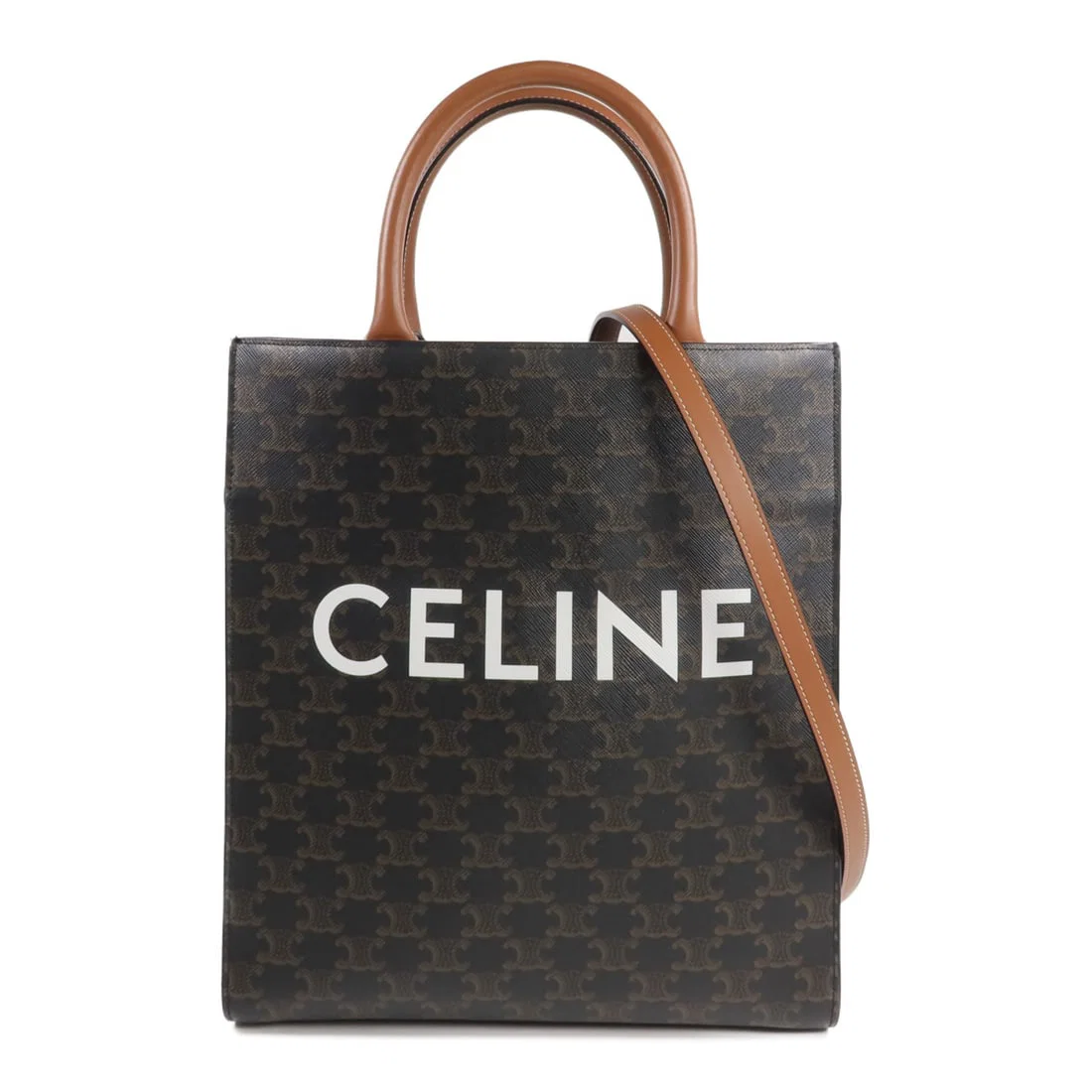 CELINE Triomphe Vertical Cabas Brown Canvas Tote with Gold Hardware