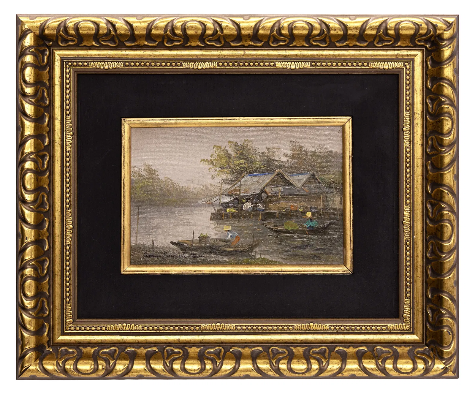 Cesar Buenaventura, Riverside Village Scene 1969, Oil on Board