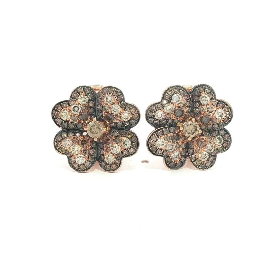 Champagne Diamond Four Leaf Clover Stud Earrings in 18k Rose Gold 1.16ctw