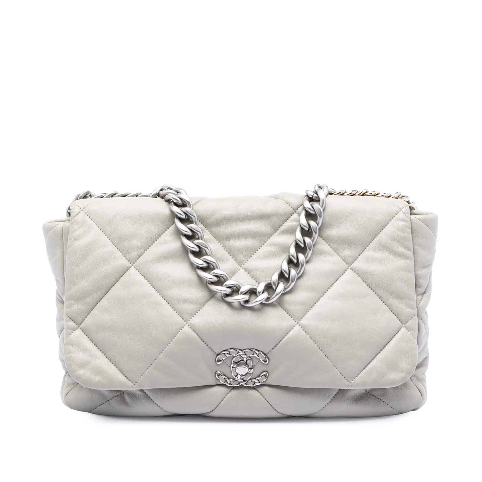 Chanel 19 Maxi Quilted Lambskin Flap Bag Gray Gold Chain