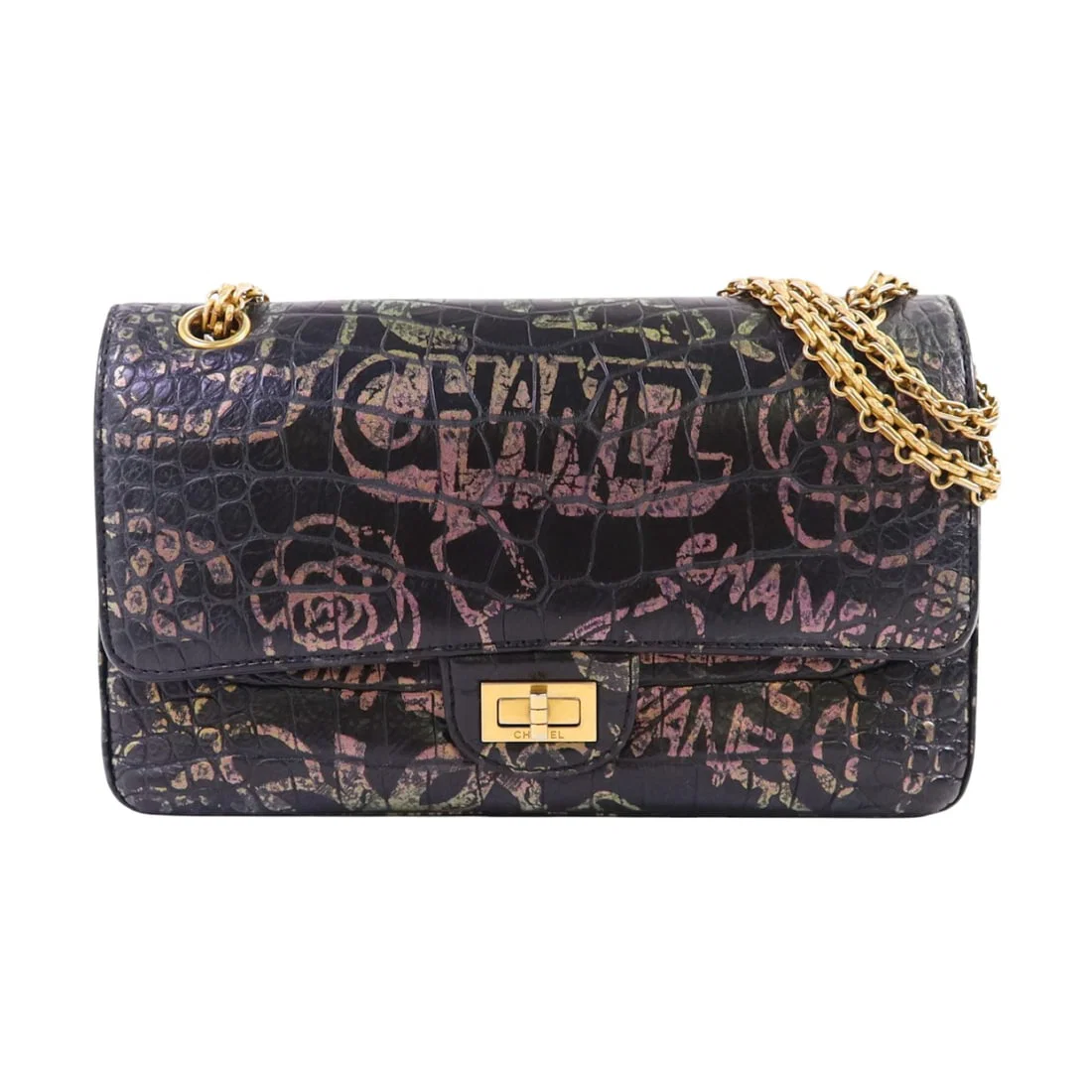 Chanel 2.55 Reissue Black Embossed Calfskin Shoulder Bag with Gold Hardware
