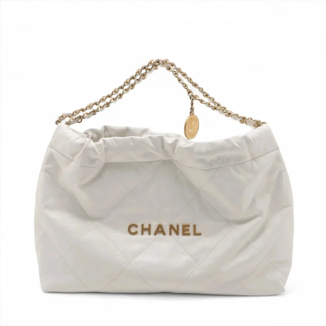 CHANEL 22 CALFSKIN CHAIN SHOULDER BAG WHITE GOLD METAL FITTINGS RANDOM PL