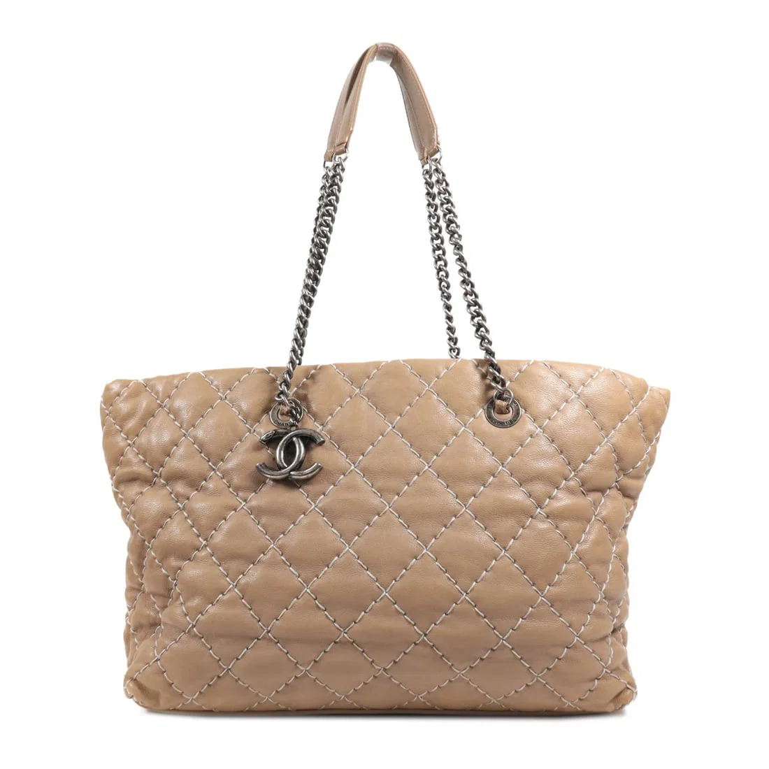 CHANEL Beige Calfskin Leather CC Shoulder Tote Bag