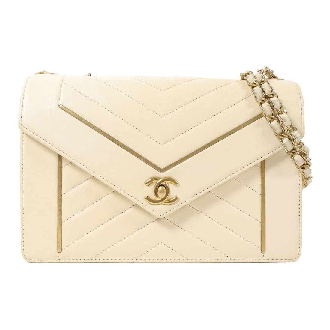 CHANEL Beige Calfskin Leather Shoulder Bag with Gold Hardware