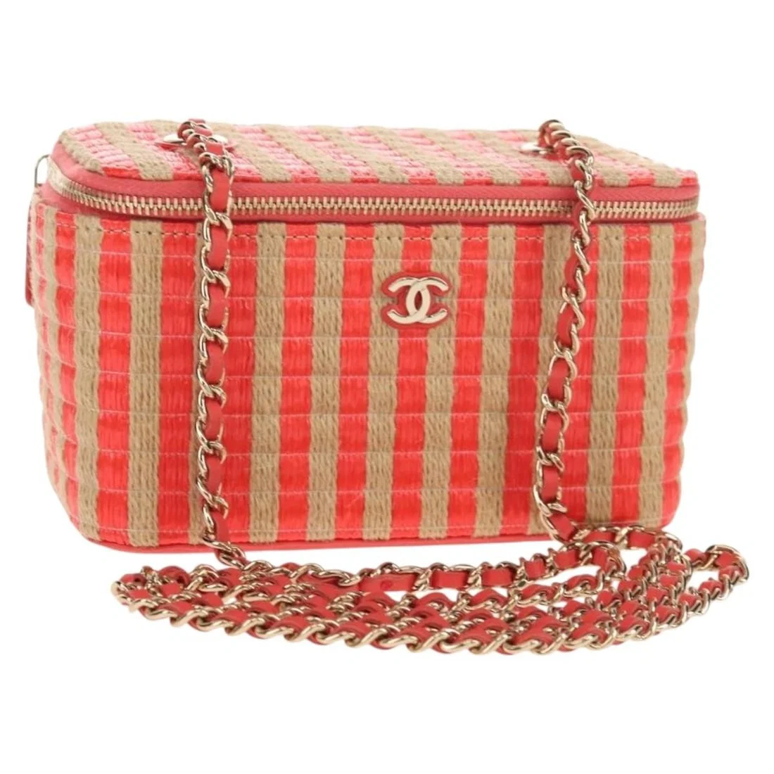 Chanel Beige Canvas Vanity Case Shoulder Bag with Chain Strap
