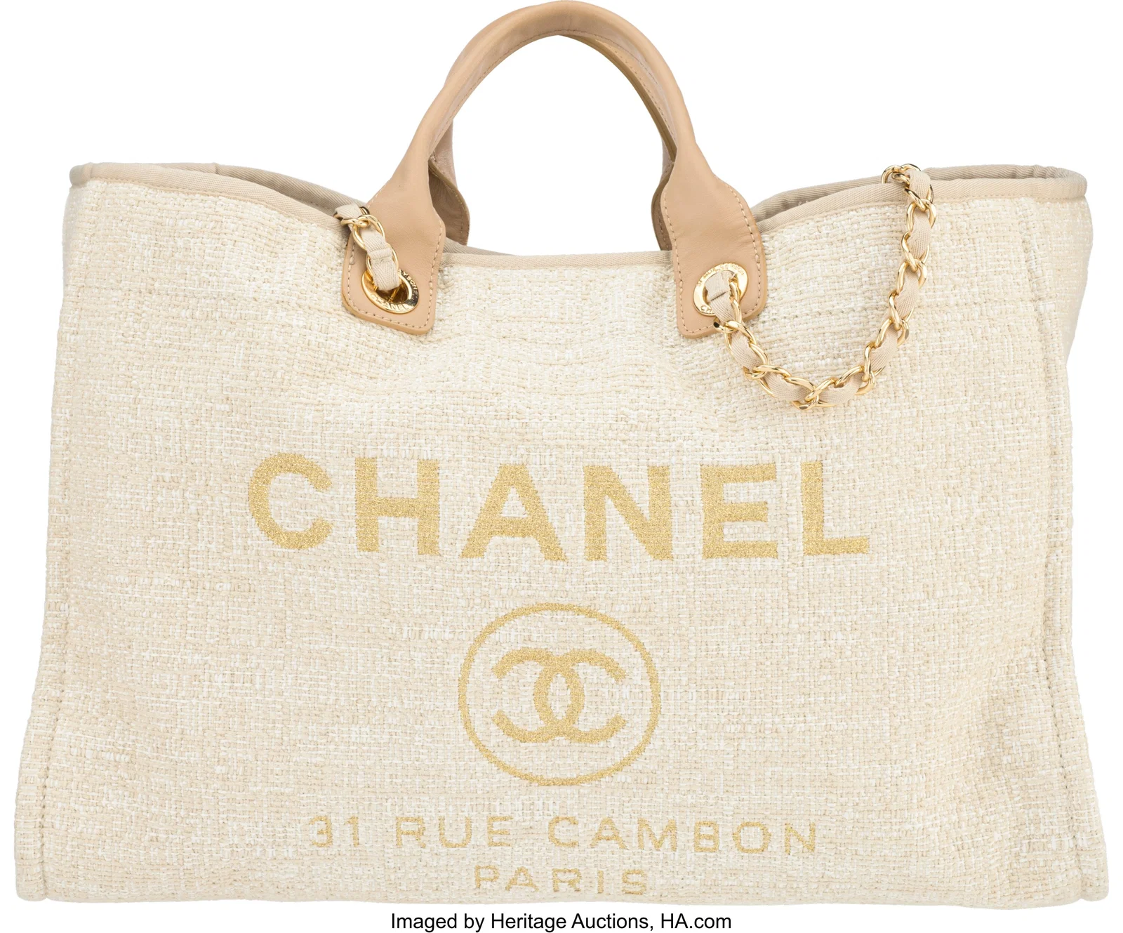Chanel Beige Tweed Large Deauville Tote with Gol