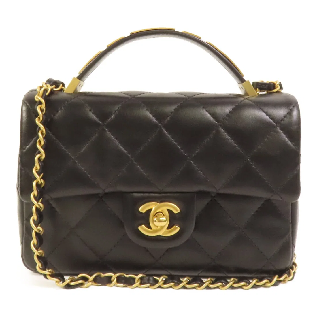 Chanel Black Calfskin Leather CC Top Handle Two-Way Shoulder Bag with Gold Hardware