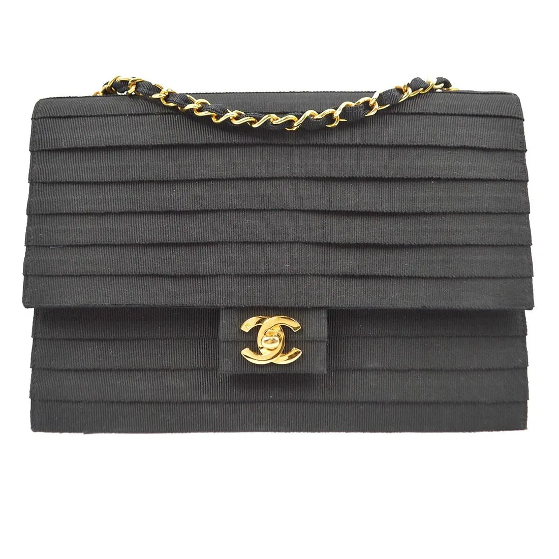 Chanel Black Canvas Flap Chain Shoulder Bag with Turn Lock