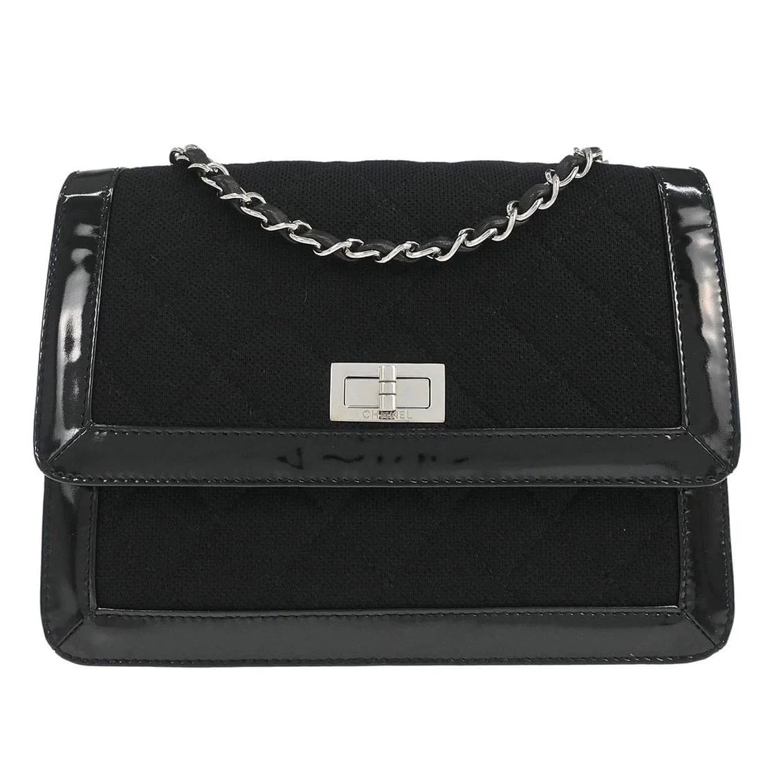 CHANEL BLACK CANVAS PATENT LEATHER MADEMOISELLE LOCK SHOULDER BAG