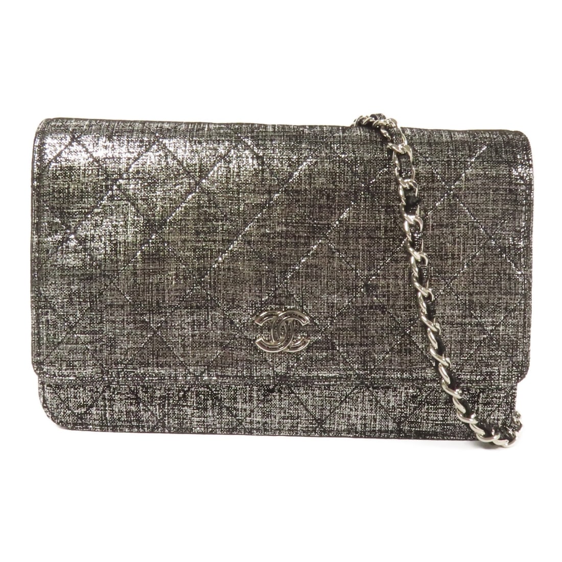 CHANEL Black Canvas Wallet On Chain Shoulder Bag with Silver Hardware