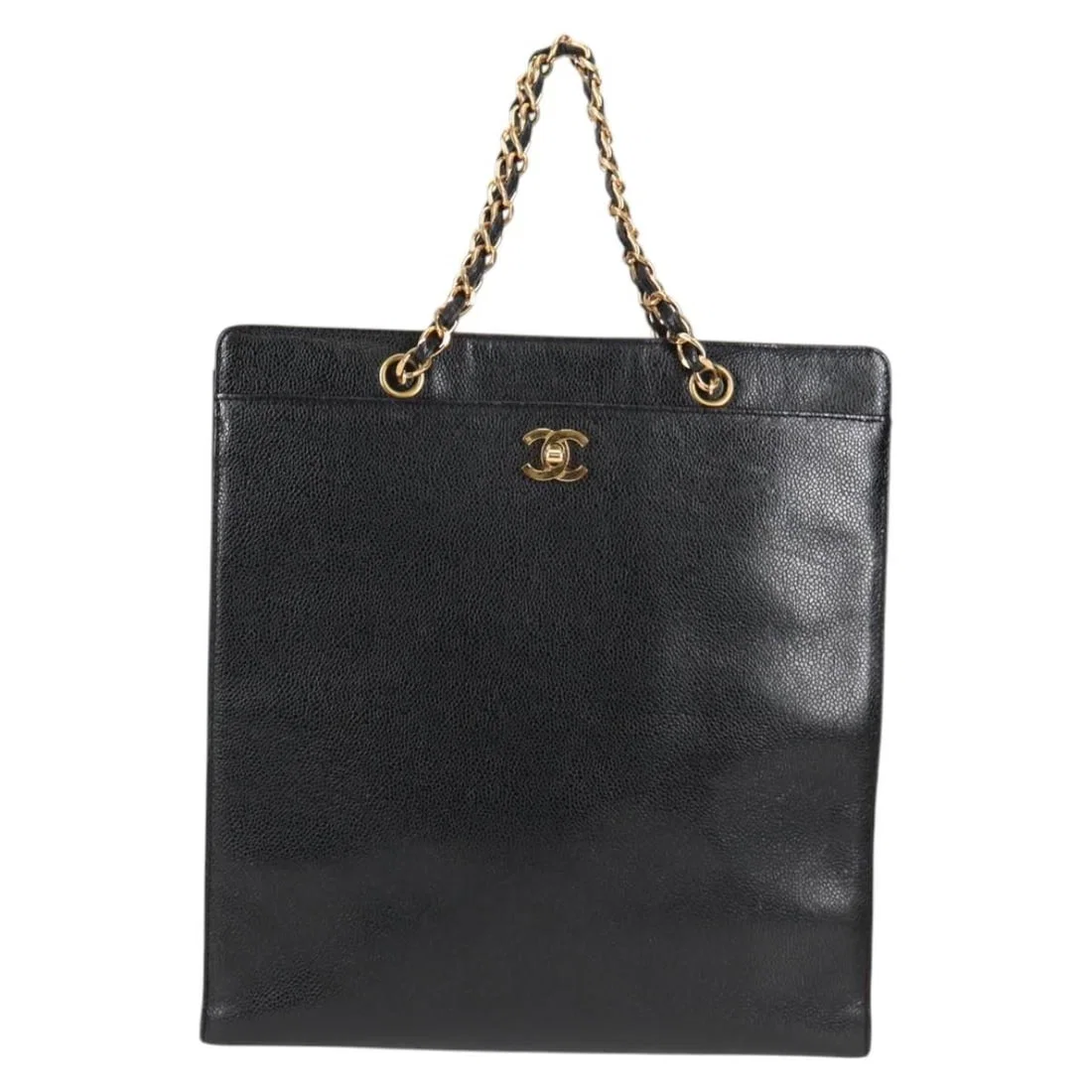 Chanel Black Caviar Leather Vintage Tote with CC Lock and Chain Handles