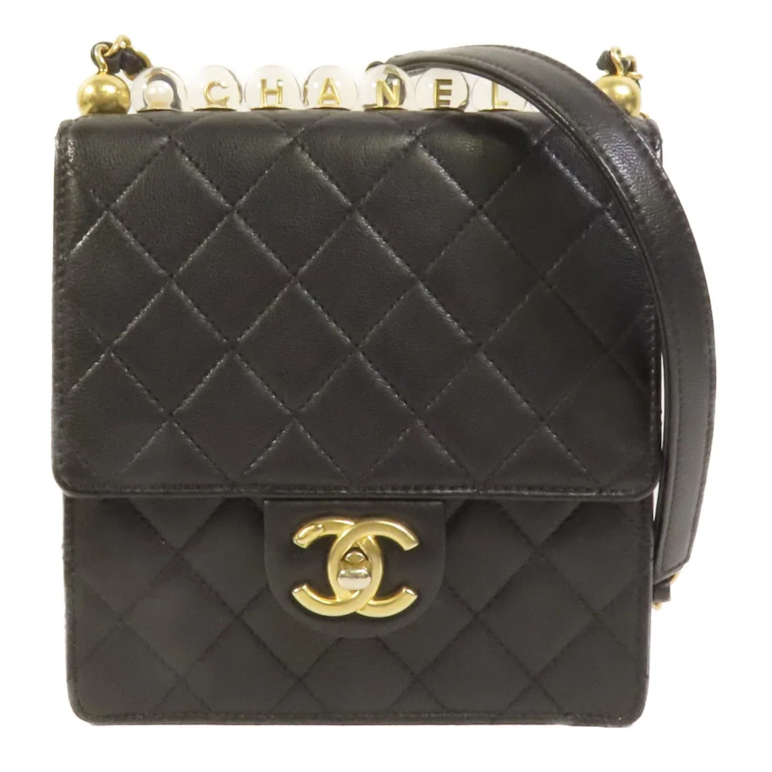 Chanel Black Lambskin Matelasse Pearl Chain Shoulder Bag AS0584 GHW