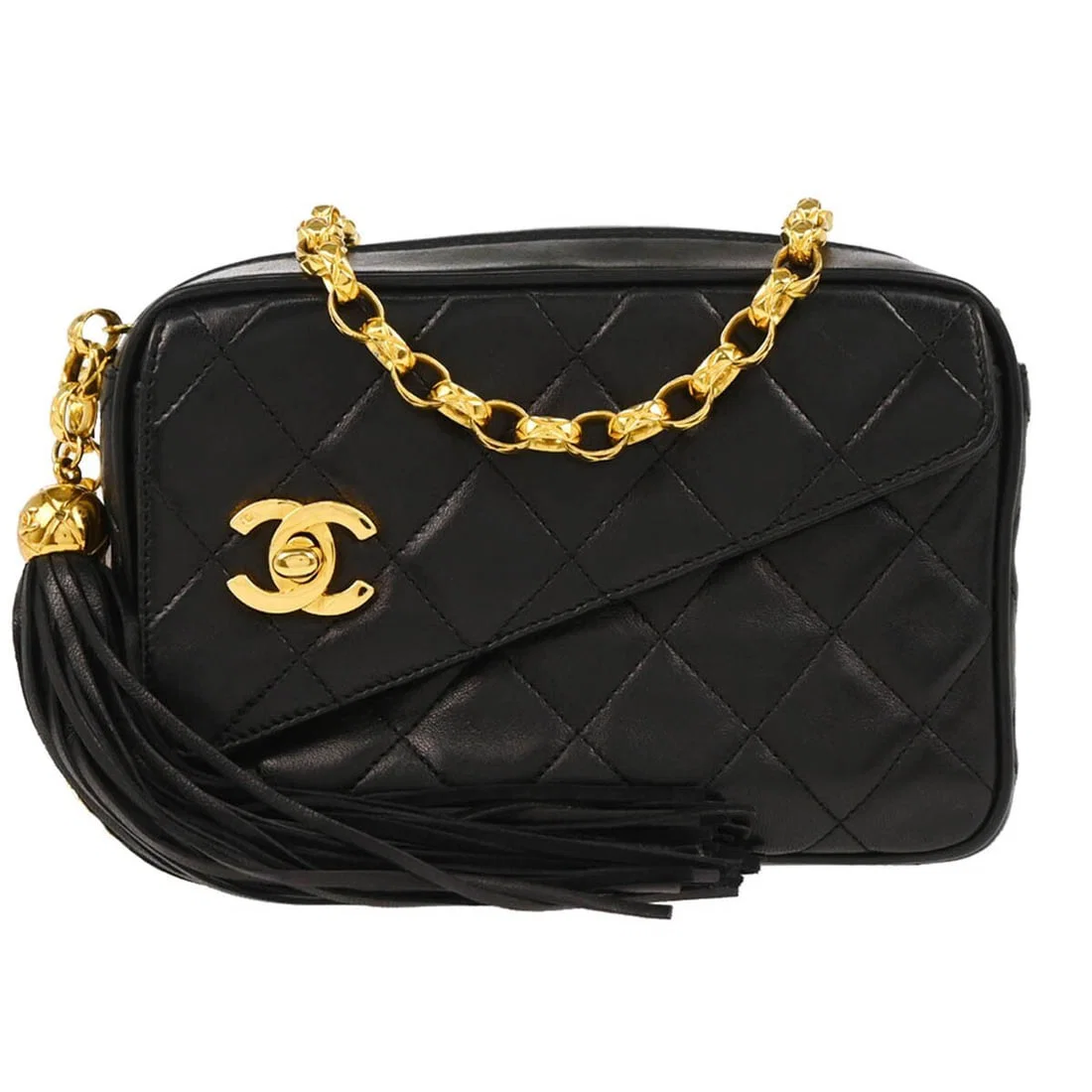 Chanel Black Lambskin Mini Camera Bag with Fringe Accents