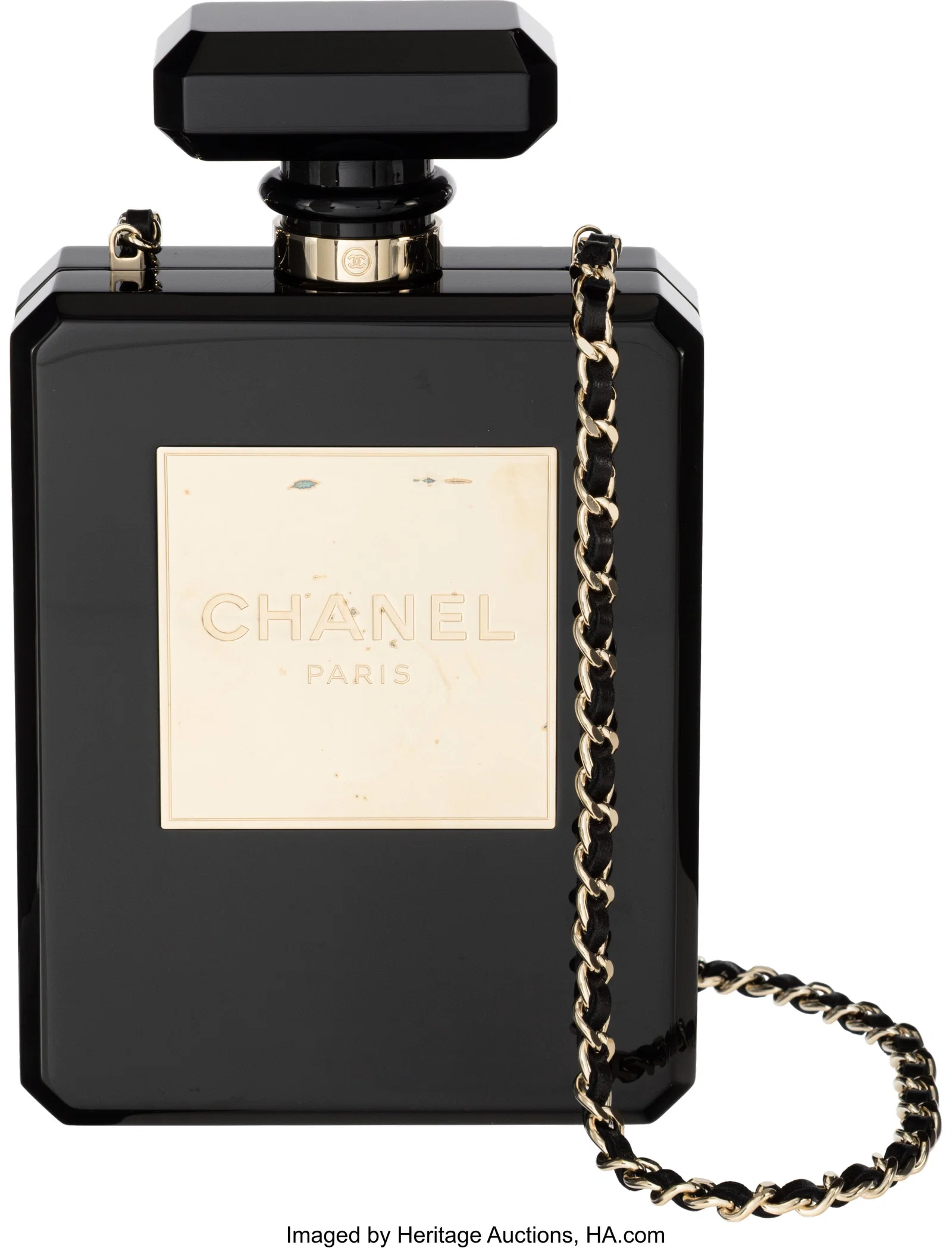 Chanel Black Lucite N°5 Perfume Bottle Minaudière with Gold Hardware