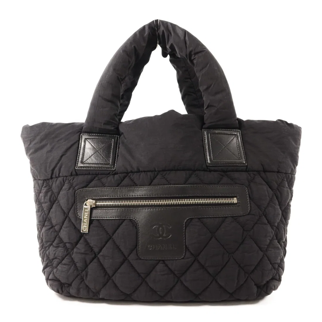 Chanel Black Nylon Handbag with CC Logo and Silver Hardware