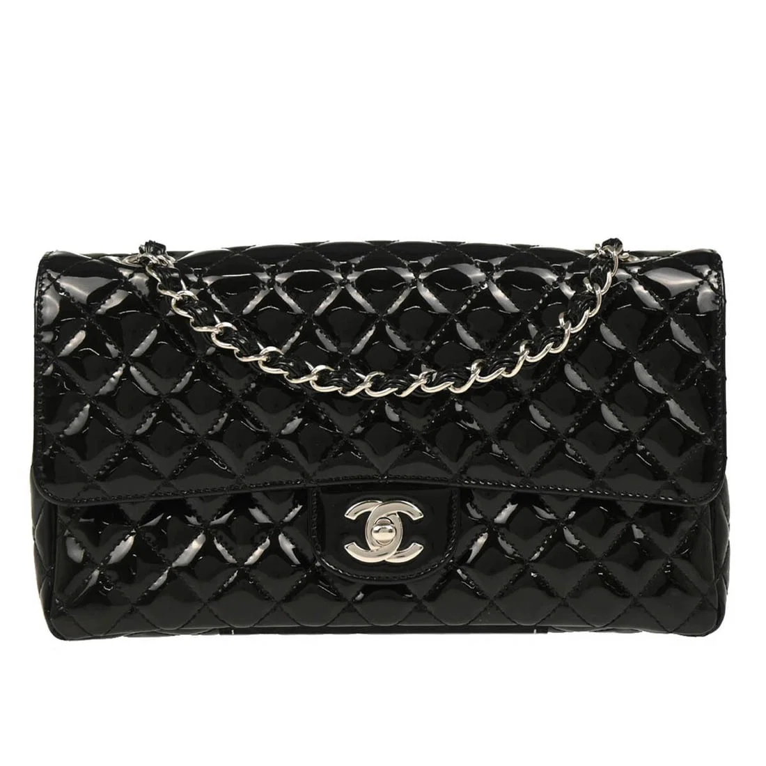 Chanel Black Patent Leather Quilted Shoulder Bag with Turnlock