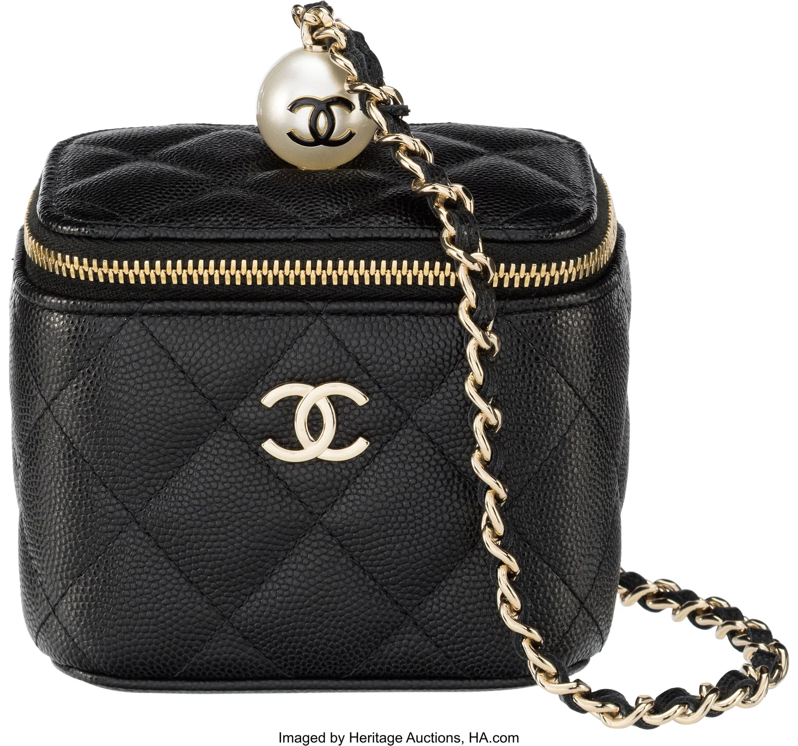 Chanel Black Quilted Caviar Leather Pearl Vanity