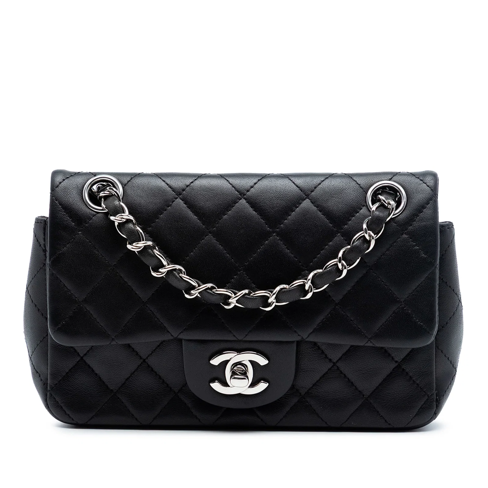 Chanel Black Quilted Lambskin Mini Rectangular Crossbody Bag with Silver Chain