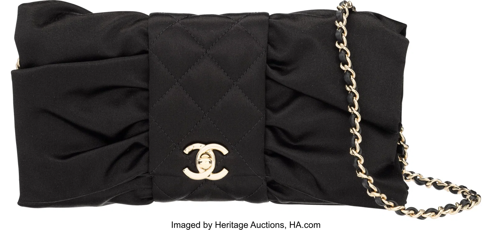 Chanel Black Satin Bow Flap Bag with Light Gold