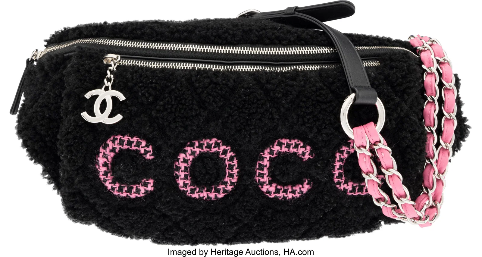 Chanel Black Shearling & Pink Tweed Coco Waist B