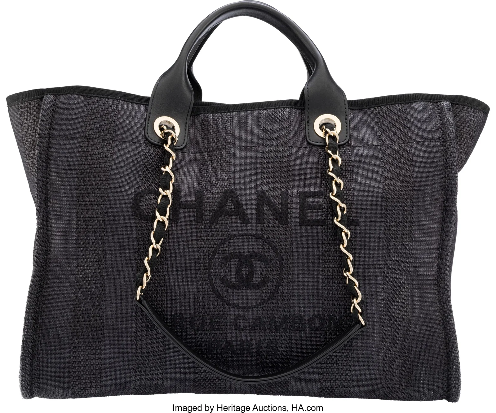 Chanel Black Striped Canvas Medium Deauville Tot