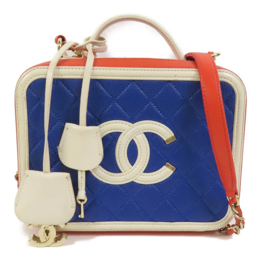Chanel Blue Calfskin Leather Vanity Case with Gold Hardware Shoulder Strap