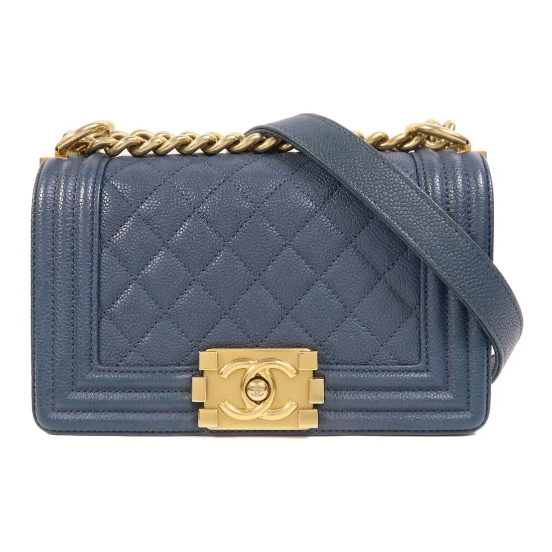 Chanel Boy 20 Blue Calfskin Chain Shoulder Bag with Gold Hardware